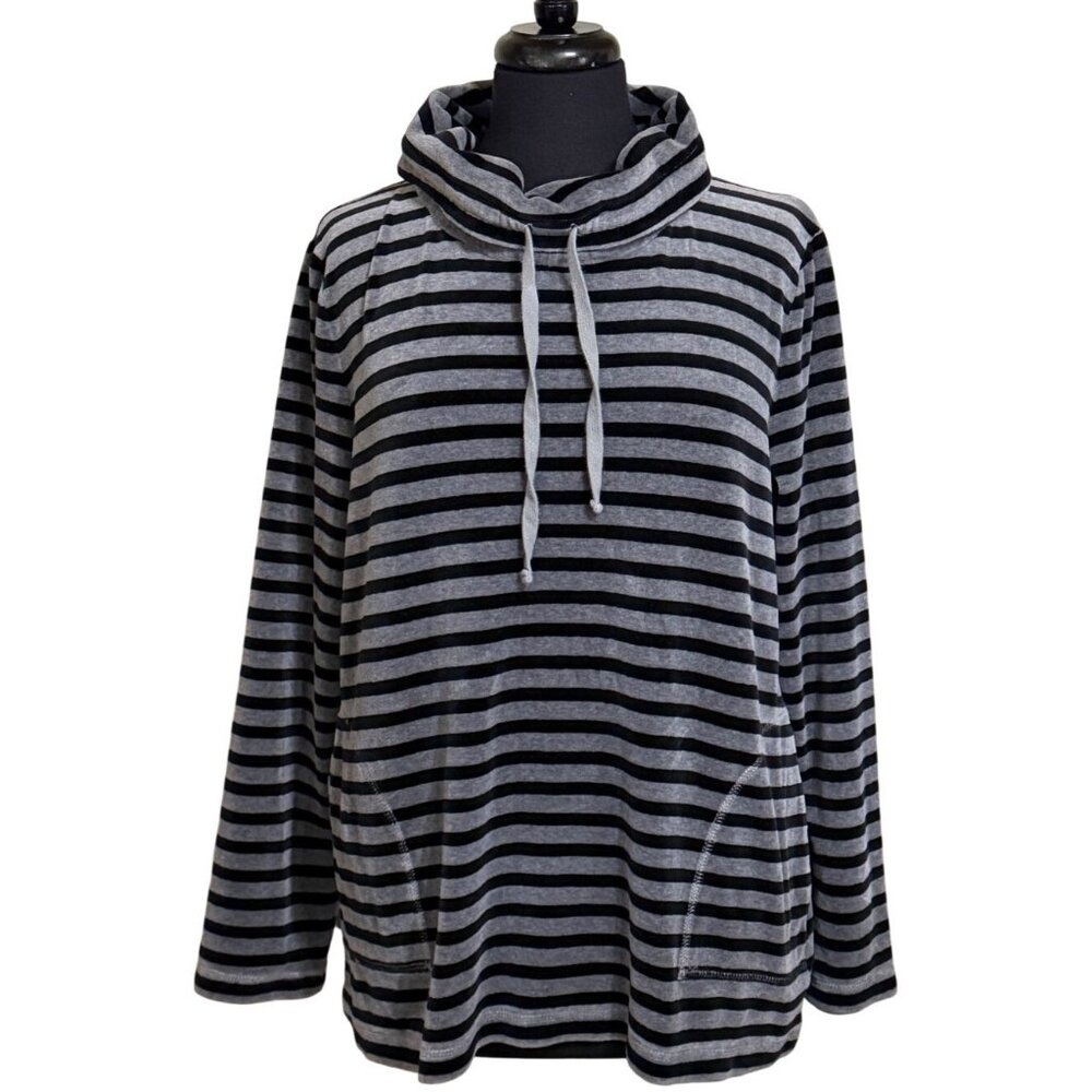 Talbots Women's Cowl Neck Gray & Black Stripes Cotton Blend Sweatshirt Size L